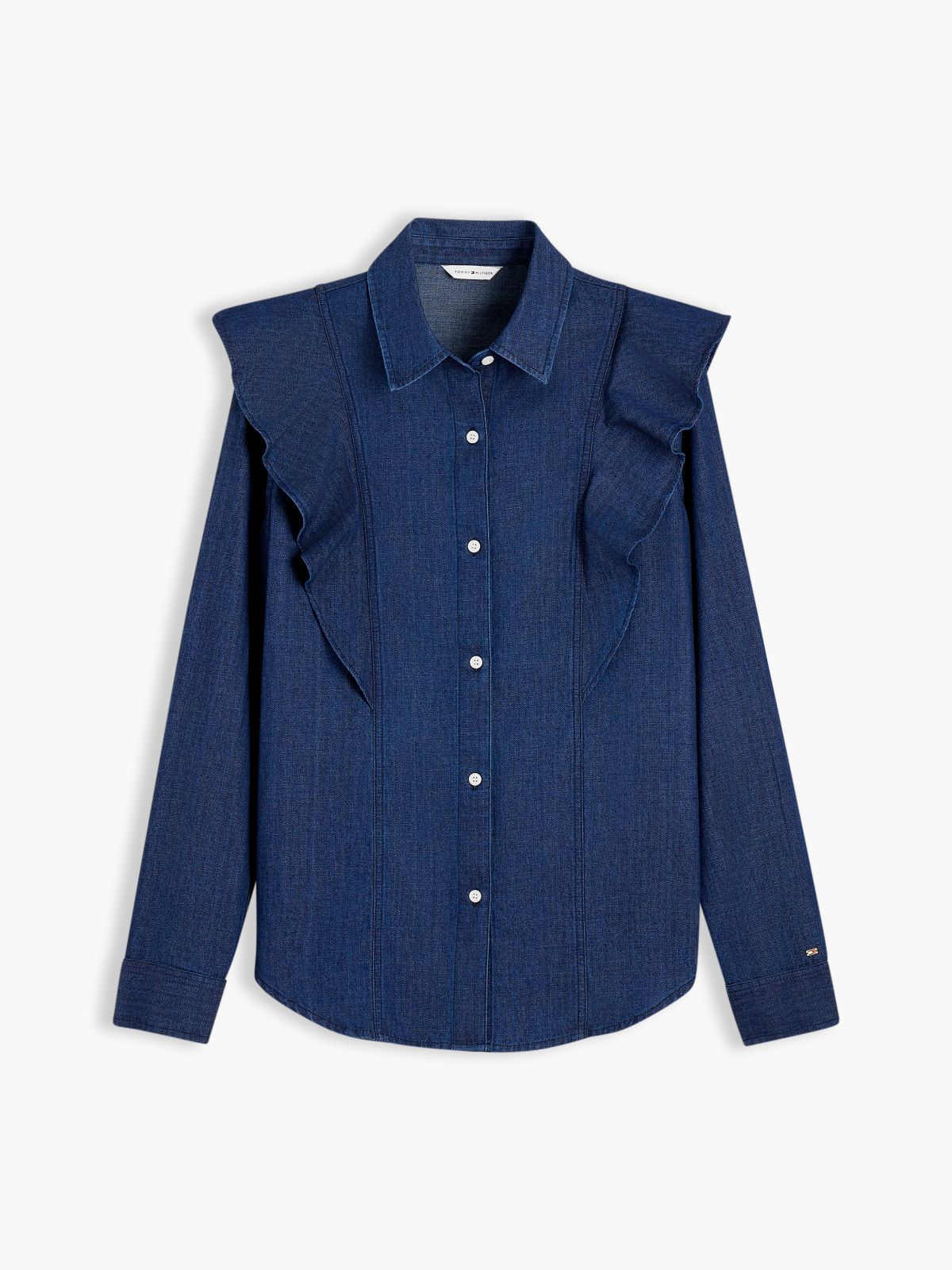 Lightweight Ruffle-Trim Denim Shirt — Navy Dark Wash
