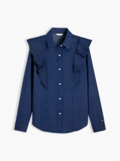 Lightweight Ruffle-Trim Denim Shirt — Navy Dark Wash 5