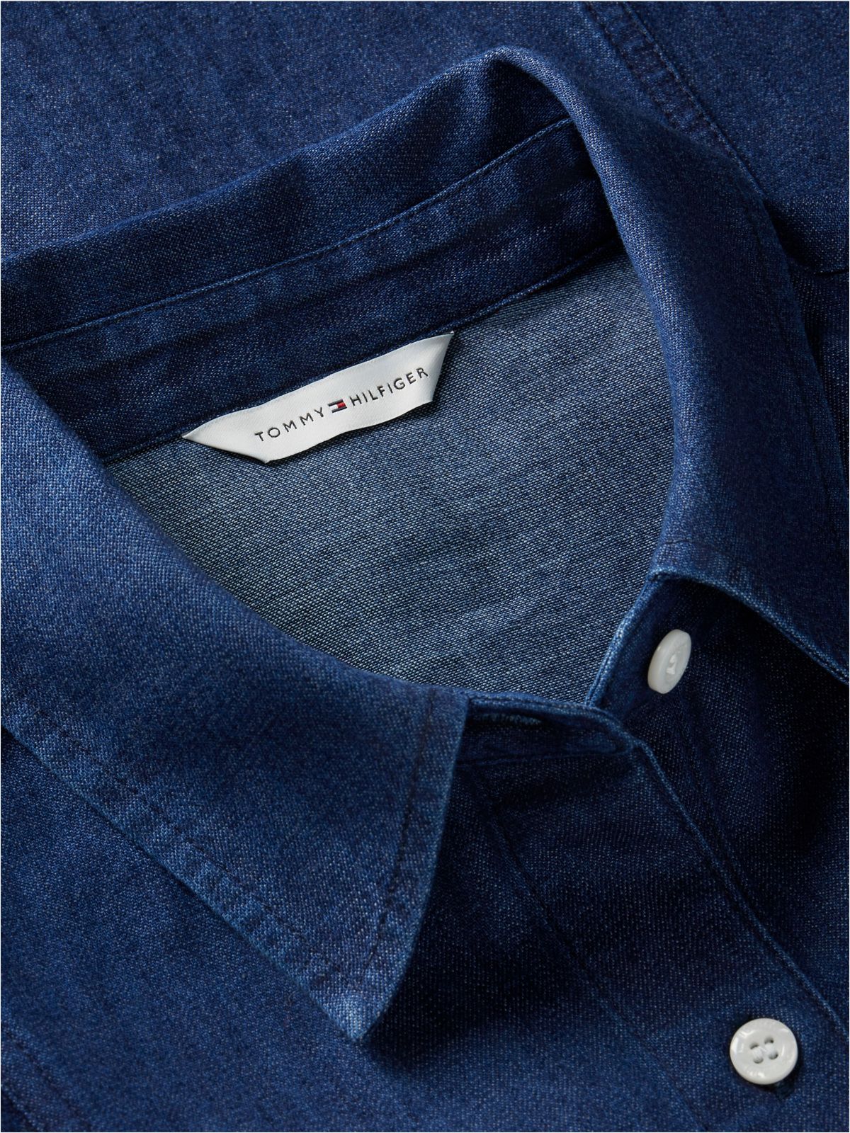 Lightweight Ruffle-Trim Denim Shirt — Navy Dark Wash