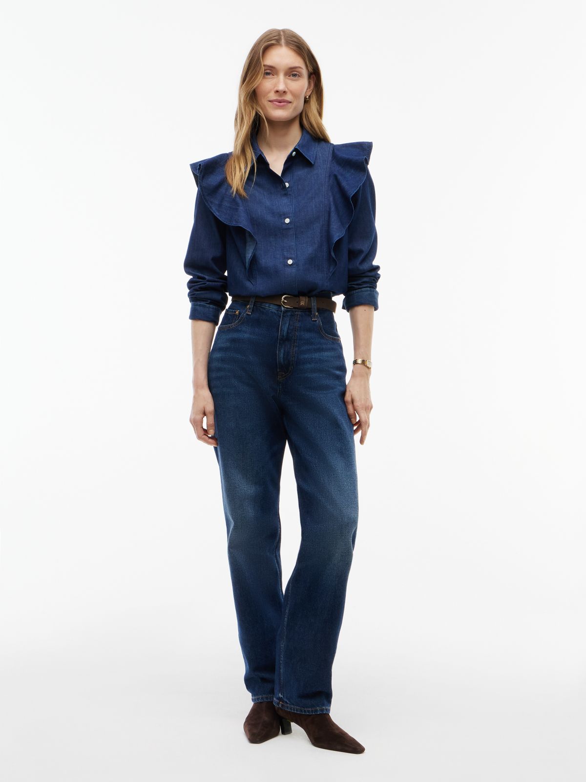 Lightweight Ruffle-Trim Denim Shirt — Navy Dark Wash
