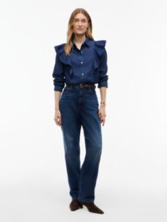Lightweight Ruffle-Trim Denim Shirt — Navy Dark Wash 2