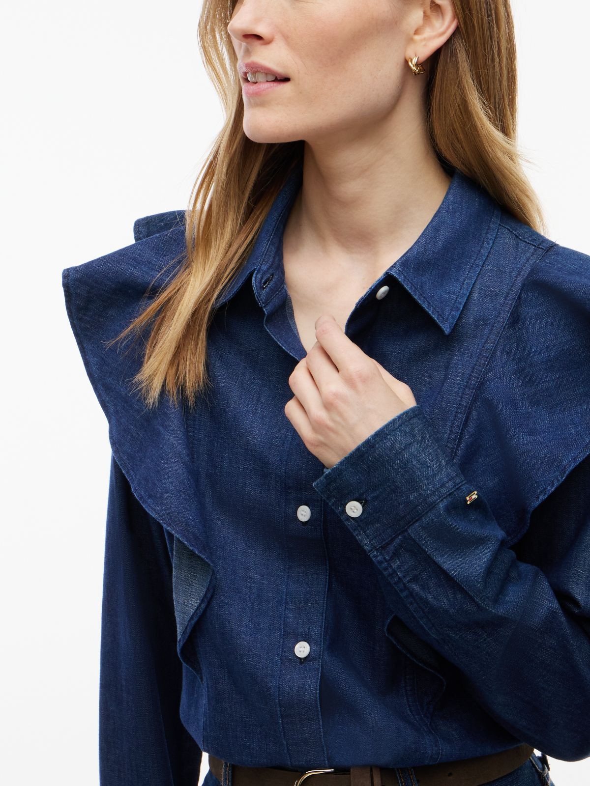 Lightweight Ruffle-Trim Denim Shirt — Navy Dark Wash