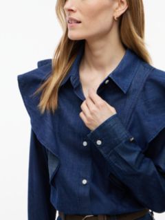 Lightweight Ruffle-Trim Denim Shirt — Navy Dark Wash 3