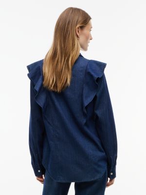 Женская рубашка Tommy Hilfiger Lightweight Ruffle-Trim Denim Shirt, цвет: Тёмно-синяя тёмная варка — фото 4