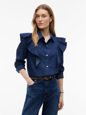 Lightweight Ruffle-Trim Denim Shirt, Navy Dark Wash