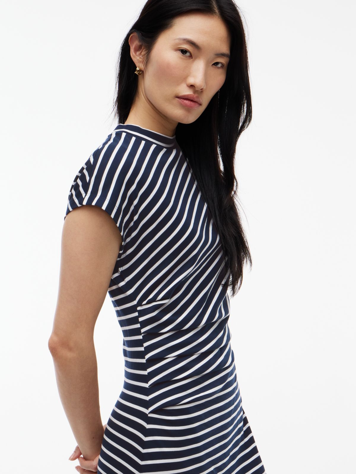 Draped Cotton Interlock Dress — Breton Stripe / Navy