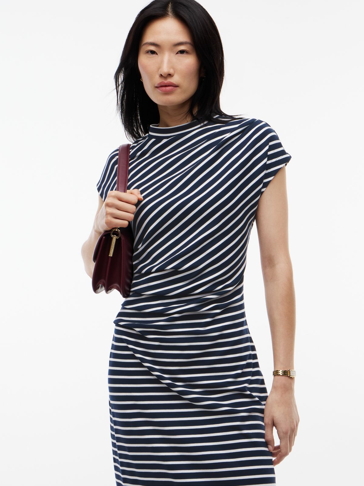 Draped Cotton Interlock Dress — Breton Stripe / Navy