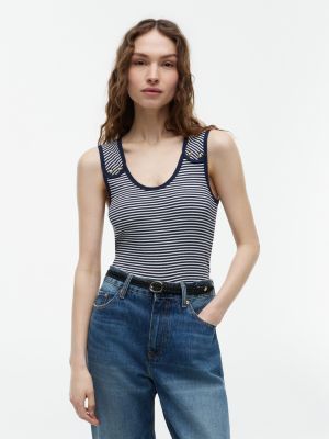 Slim Fit Nautical Gold-Button Tank Top, Navy Blue / Ecru Stripe
