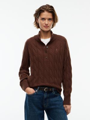Cable Knit Wool Mockneck Henley Sweater, Legacy Brown