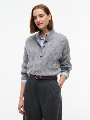 Cable Knit Wool Mockneck Henley Sweater, Medium Grey Heather