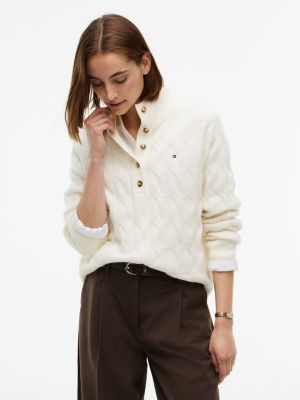 Cable Knit Wool Mockneck Henley Sweater, Ivory Petal