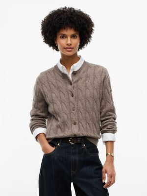 Boxy Fit Cable Knit Wool Cardigan, Hot Coco Heather