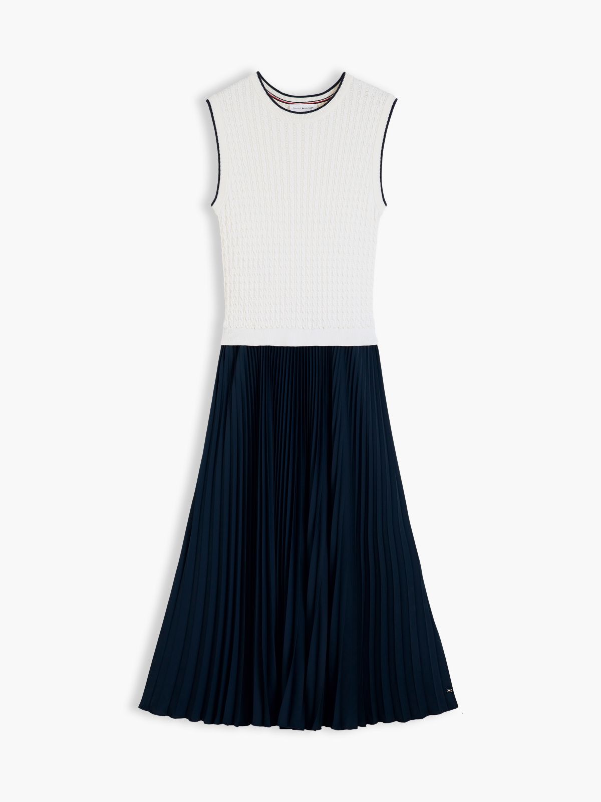 Mixed-Media Sleeveless Pleated Dress — Navy