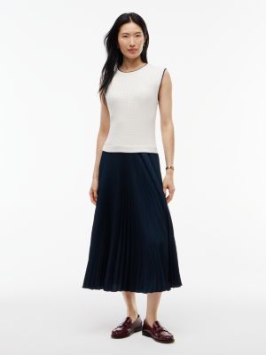 Mixed-Media Sleeveless Pleated Dress, Navy