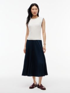 Mixed-Media Sleeveless Pleated Dress — Navy 1