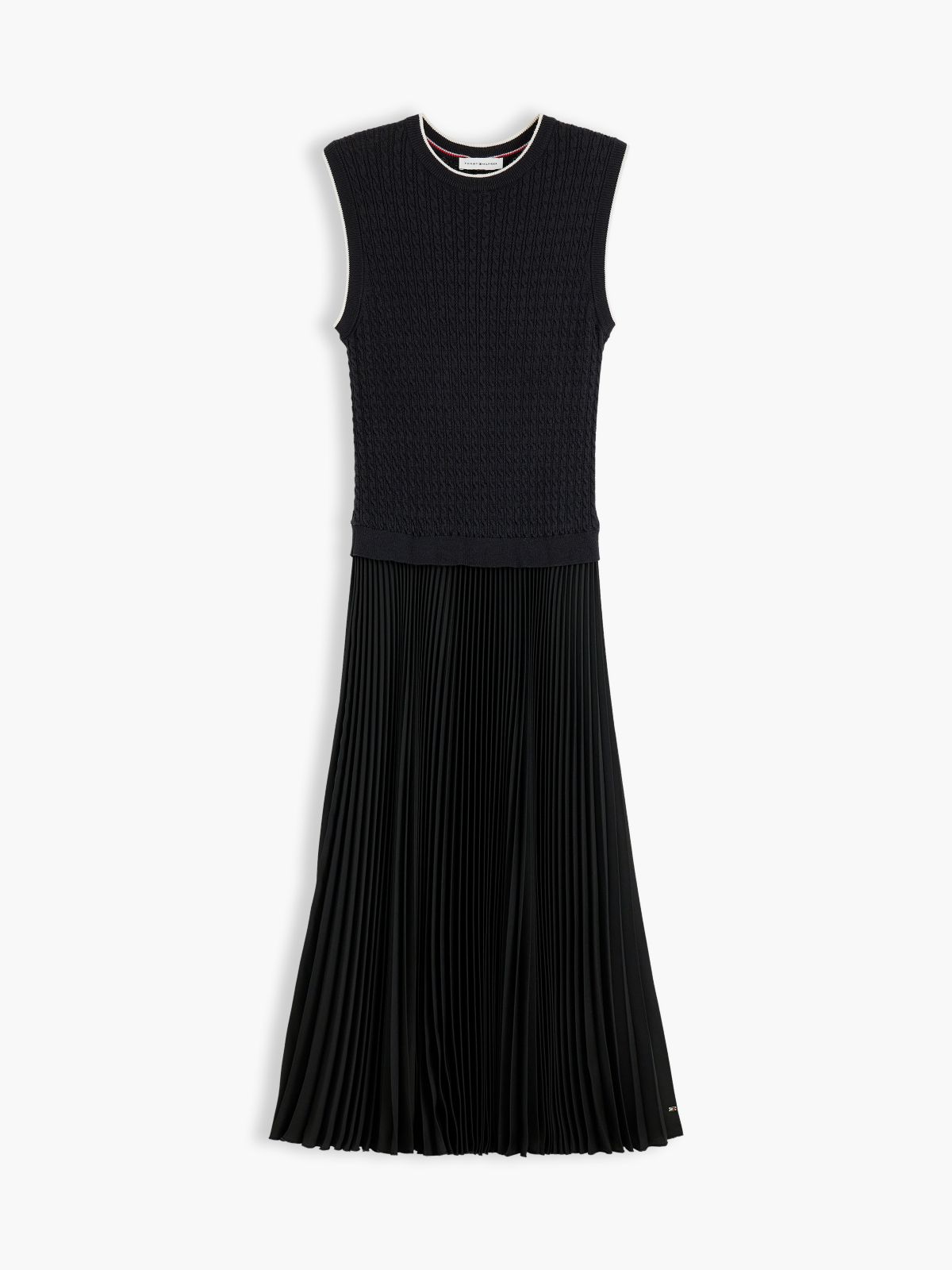Mixed-Media Sleeveless Pleated Dress — Black