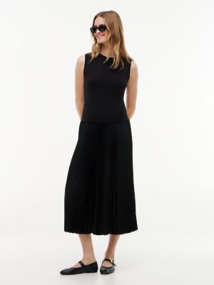 Mixed-Media Sleeveless Pleated Dress, Black