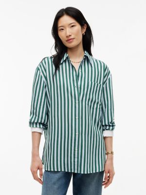 Oversized Striped Contrast Cuff Shirt, Blue