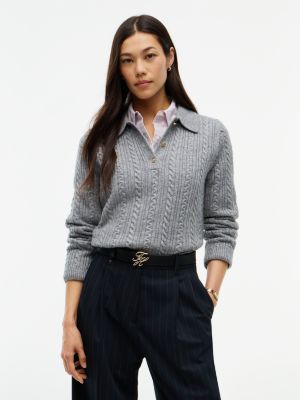 Cable Knit Wool-Blend Sweater Polo, Medium Grey Heather