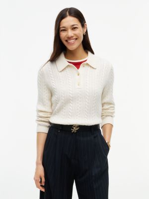 Cable Knit Wool-Blend Sweater Polo, Ivory Petal