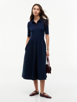 Mixed Media Polo Midi Dress, Dark Blue