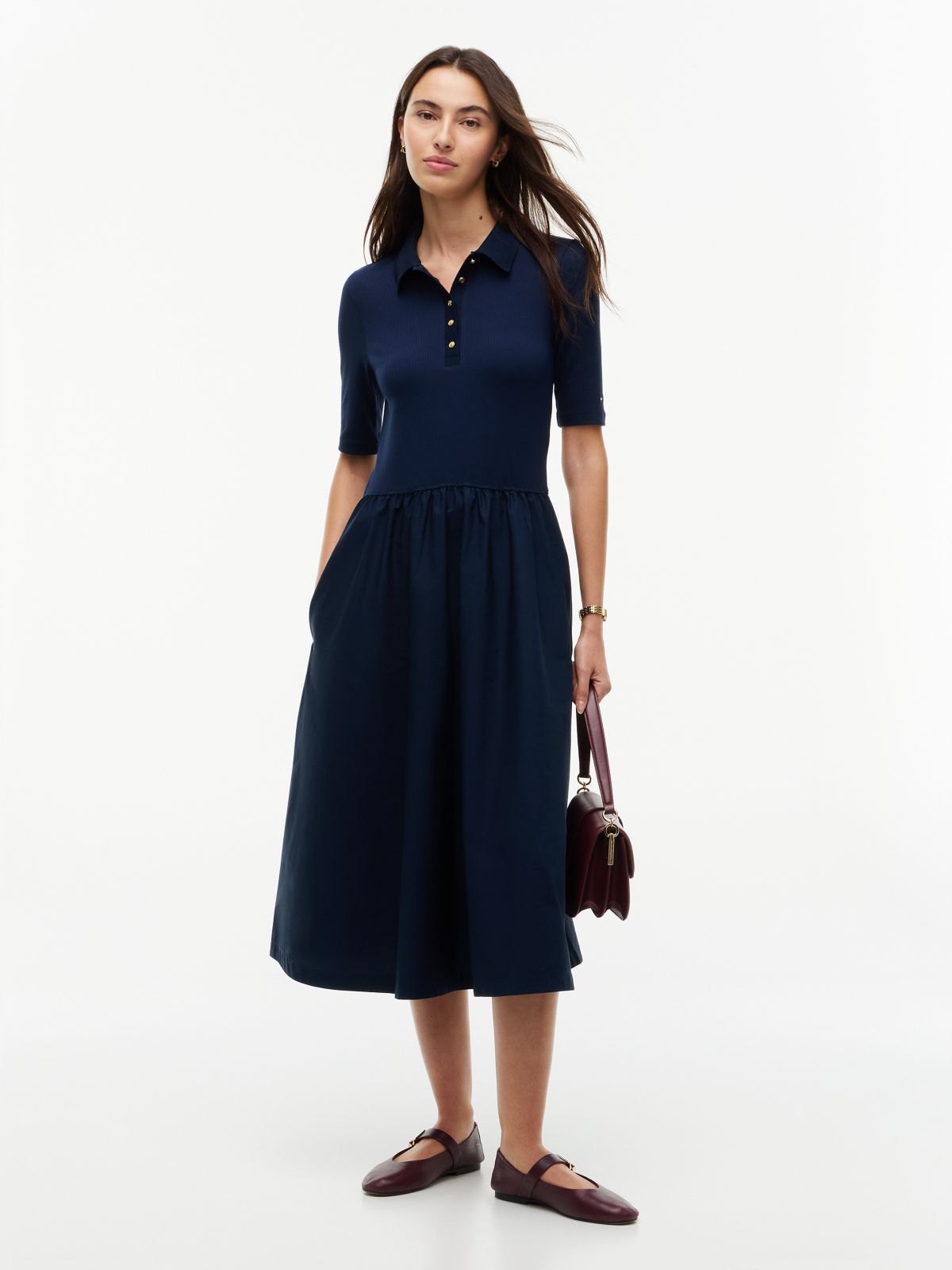 Mixed Media Polo Midi Dress — Dark Blue
