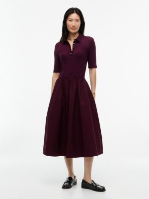 Mixed Media Polo Midi Dress, Deep Burgundy
