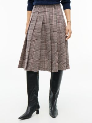 Pleated Wool-Blend Check Midi Skirt, Red Plaid