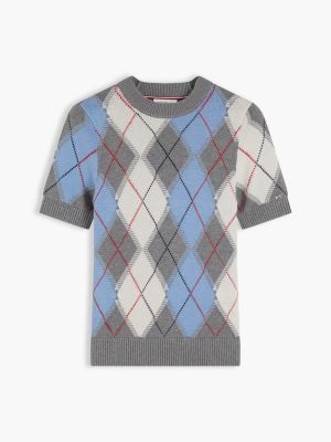 Женский свитер Tommy Hilfiger Short-Sleeve Argyle Crewneck, цвет: Синий / Серый с ромбами — фото 5