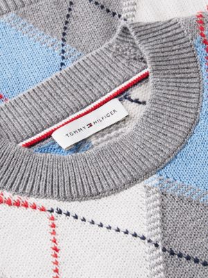 Женский свитер Tommy Hilfiger Short-Sleeve Argyle Crewneck, цвет: Синий / Серый с ромбами — фото 6