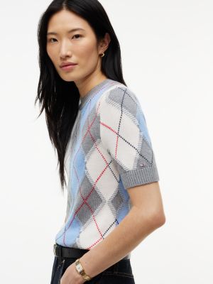 Женский свитер Tommy Hilfiger Short-Sleeve Argyle Crewneck, цвет: Синий / Серый с ромбами — фото 3