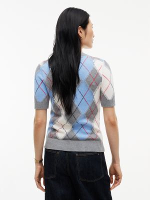 Женский свитер Tommy Hilfiger Short-Sleeve Argyle Crewneck, цвет: Синий / Серый с ромбами — фото 4