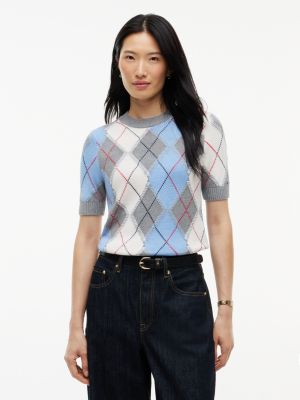Short-Sleeve Argyle Crewneck Sweater, Blue/Grey Argyle
