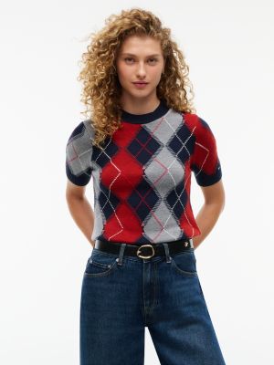 Short-Sleeve Argyle Crewneck Sweater, Dark Blue Argyle