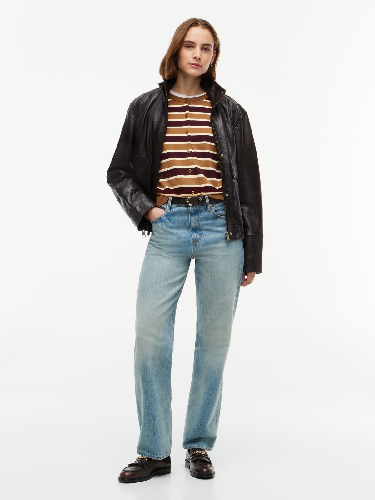 Slim Fit Striped Crewneck Cardigan — Studio Stripe Burgundy