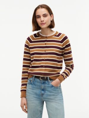 Slim Fit Striped Crewneck Cardigan, Studio Stripe Burgundy
