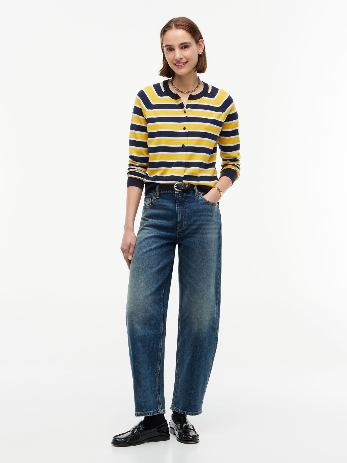 Slim Fit Striped Crewneck Cardigan — Studio Stripe Blue