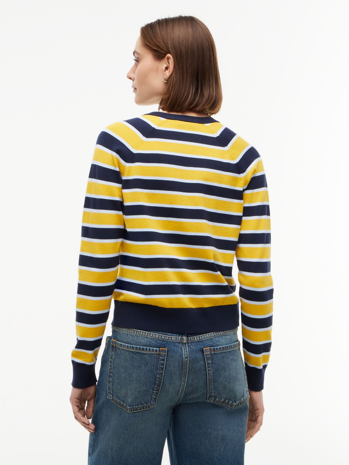 Slim Fit Striped Crewneck Cardigan — Studio Stripe Blue