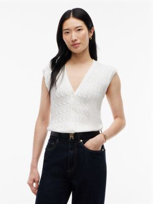 Slim Fit Cable Knit Cardigan Vest, Ecru