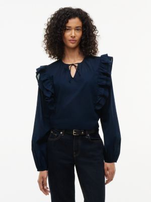 Boxy Fit Ruffle-Trim Voile Blouse, Dark Blue