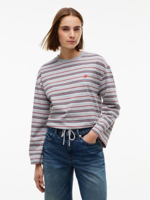 Relaxed Fit Striped Drawcord T-Shirt, Stripe Light Grey