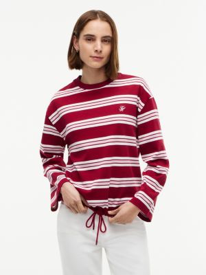 Relaxed Fit Striped Drawcord T-Shirt, Stripe Raspberry