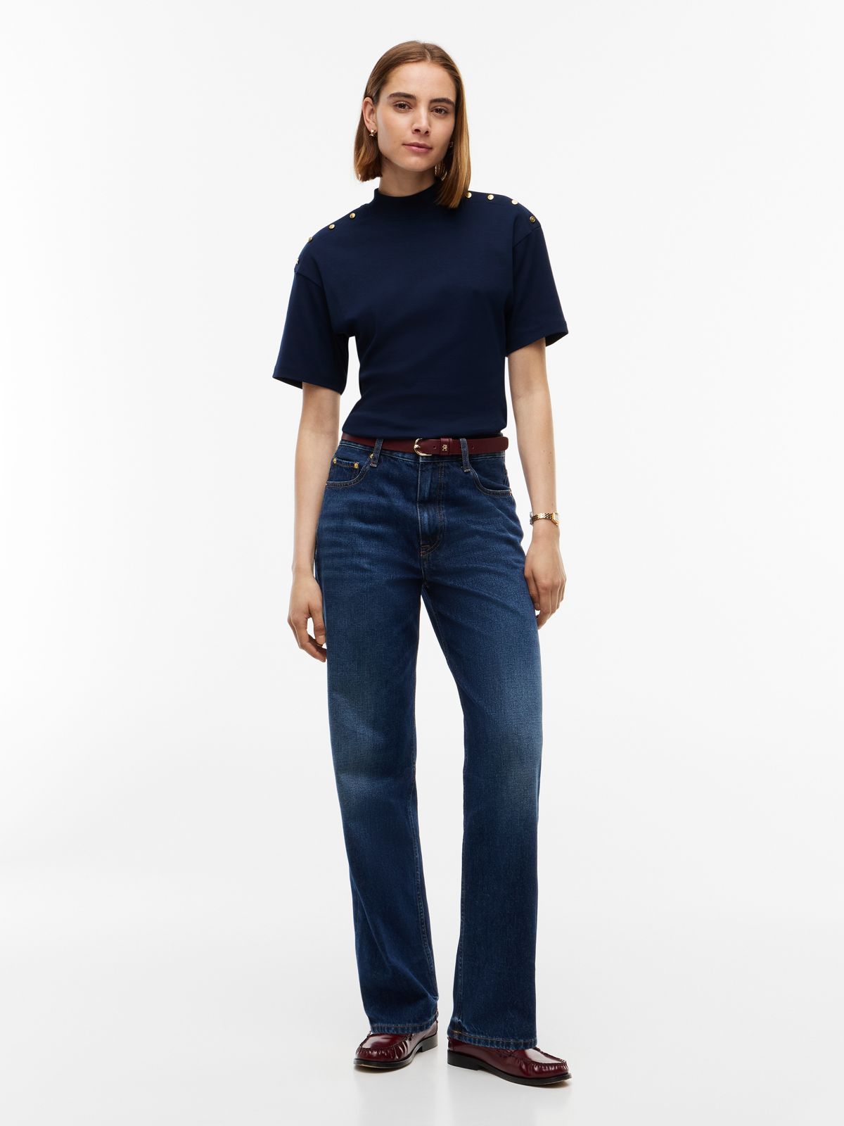 Gold-Button Slim Fit Mockneck T-Shirt — Dark Blue