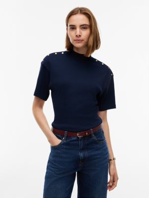 Gold-Button Slim Fit Mockneck T-Shirt, Dark Blue