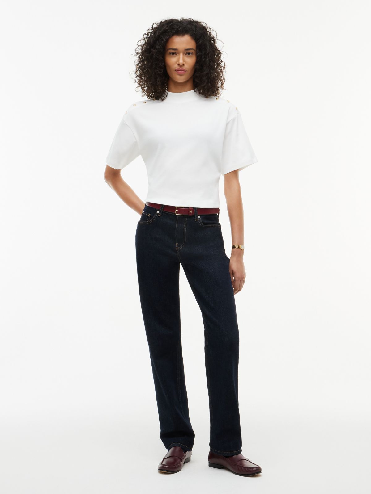 Gold-Button Slim Fit Mockneck T-Shirt — Ecru