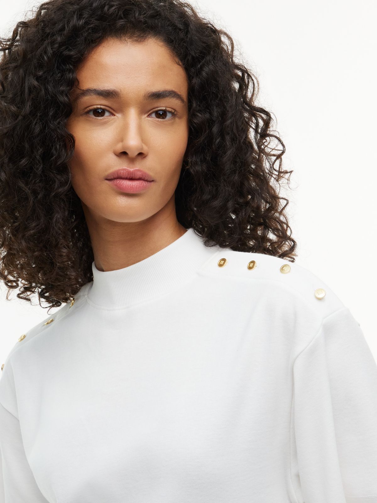 Gold-Button Slim Fit Mockneck T-Shirt — Ecru