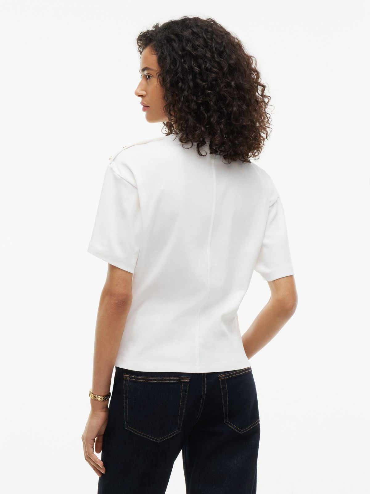 Gold-Button Slim Fit Mockneck T-Shirt — Ecru