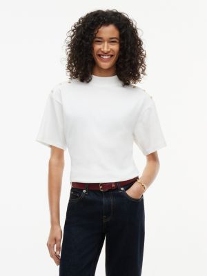 Gold-Button Slim Fit Mockneck T-Shirt, Ecru