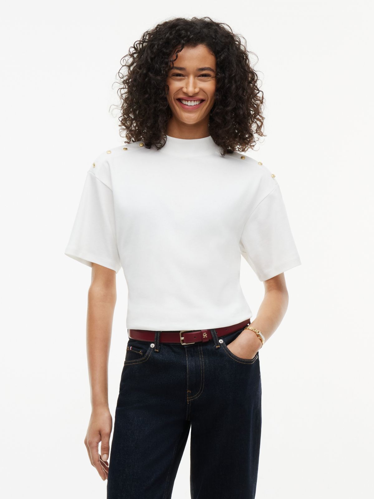 Gold-Button Slim Fit Mockneck T-Shirt — Ecru