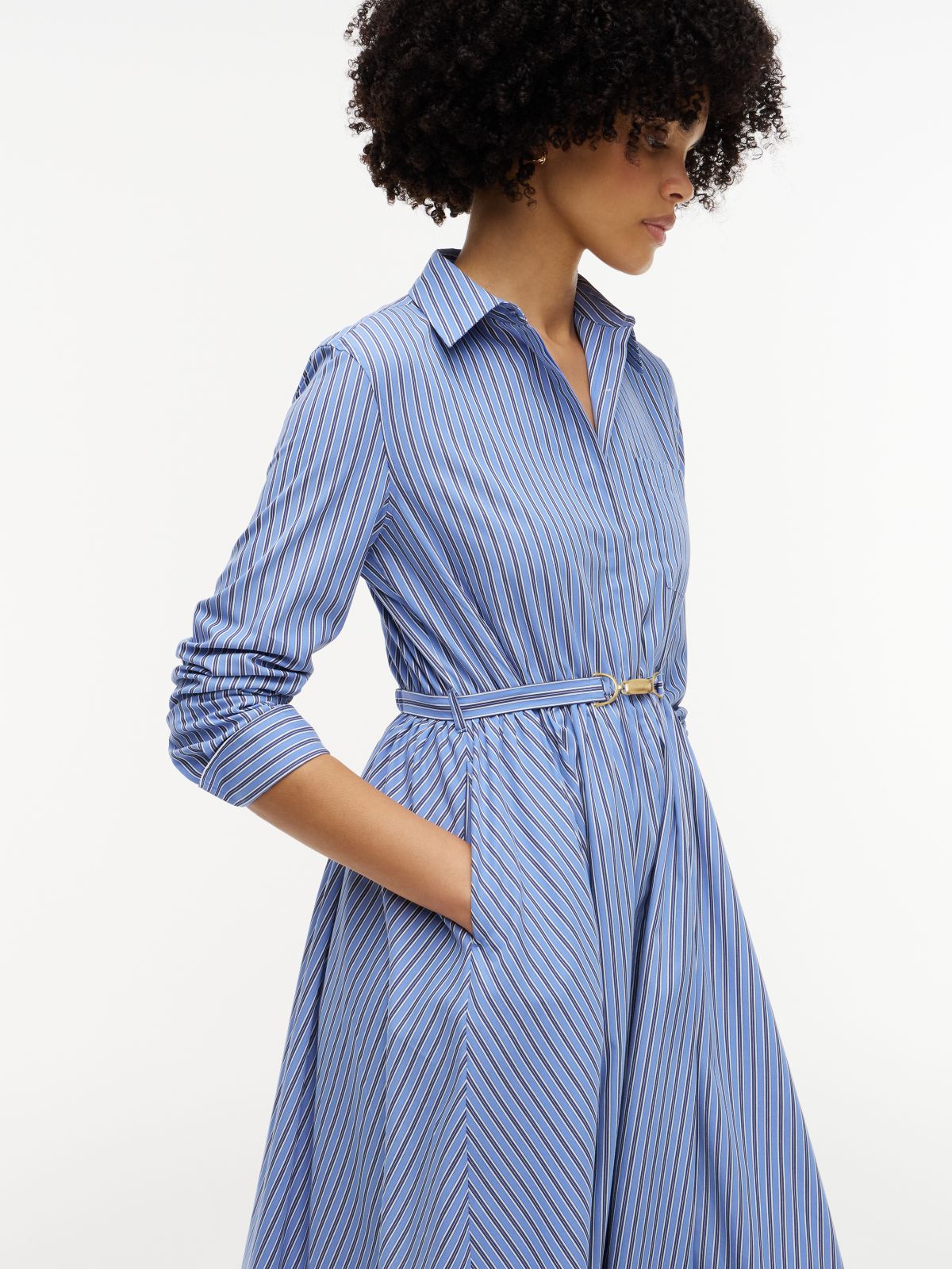 Belted Striped Poplin Midi Shirtdress — New York Blue Stripe